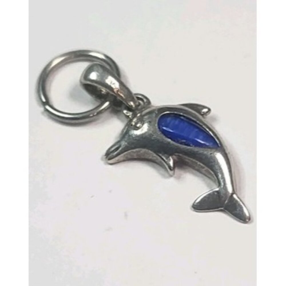 Vintage Sterling Silver 925 Mexico Dolphin Pendant Blue Inlay Charm